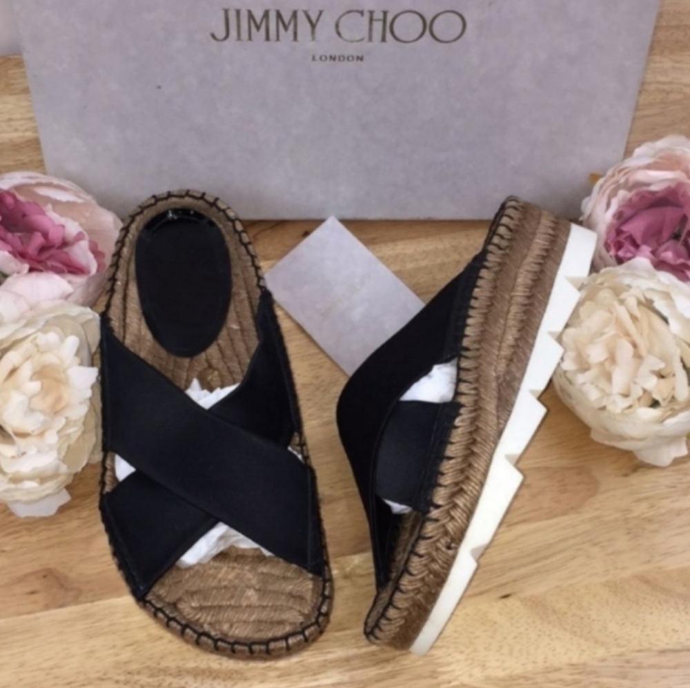 AUTHENTIC "JIMMY CHOO" DANAE BLACK ESPADRILLE SLIDES/ SANDALS 36.5
